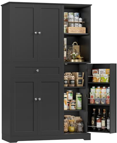 FirFurd Küchenschrank mit Gewürzregal, Mehrzweckschrank, Buffetschrank | Küchenschrank mit Schublade, Vorratsschrank, Buffetschrank, Küchenmöbel, Hochschrank für Küche, Esszimmer, Wohnzimmer schwarz