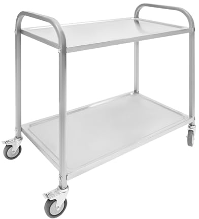 GramStudio Carrello da servizio in acciaio inox, 2 piani fino a 160 kg, con ruote scorrevoli a 360° e freni di stazionamento, carrello da cucina per cucina ristorante hotel