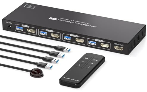 PVBCTCSID KVM Switch 4 PC 1 Monitor HDMI 4K60Hz Edid Emulation KVM Switch 4 Port USB HDMI Umschalter für 4 PC Die Sich 1 Monitor Und 4 USB3.0-Geräte Teilen IR-Fernbedienung Und 12V Netzteil Enthalten