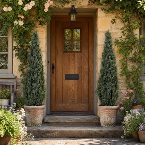 GarveeMore 150cm Artificial Topiary Trees (Set of 2), Fake Cypress Outdoor Potted Plants, Large Faux Pine Evergreen Shrubs, Lifelike Cedar Conifer for Front Door, Porch and Garden Decor Outside