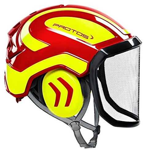 Protos Sicherheitshelm Integral Arborist Gehörschutz, Farbe:rot/gelb, Ausstattung:grobes Visier