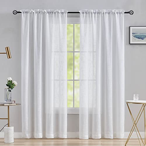 Home Brilliant Net Curtains for Windows 72 inch Drop Semi Transparent Voile Curtain Panels White Linen Look Sheer Curtains for Bedroom Living Room, Set of 2, 72 inches Drop