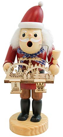 OBC Räuchermännchen Händler mit Schwibbögen rot, 15 cm, Dekofigur handbemalt im Kunsthandwerks-Stil/Räuchermann/Räucherfigur aus Holz