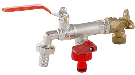 Wärmer System Grifo de jardín de doble salida + codo de placa de compresión para pared, 15 mm, latón, para