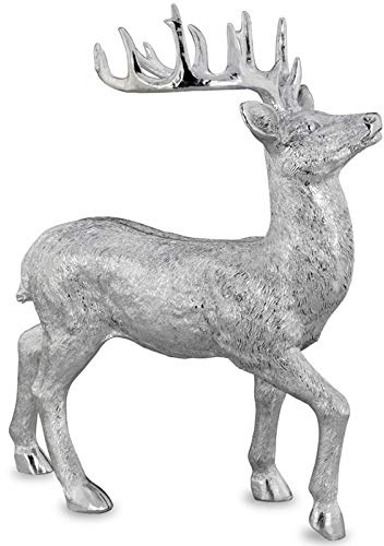 H.Bauer jun. Kleine stehende XXL Kunststein Deko Hirsch Figur - silbern glänzende Jagdfigur mit Geweih - Silberglanz Weihnachts-Deko zum Hinstellen Höhe 50 cm