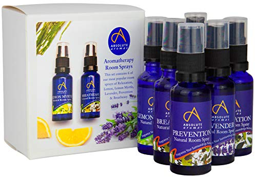 Absolute Aromas Beliebtes Raumspray-Set - Multi-Packung mit 6 x 30 ml - Enthält Atem-, Lavendel-, Zitronen-, Zitronenmyrte-, Präventions- und Entspannungs-Spritzer-Raumspray