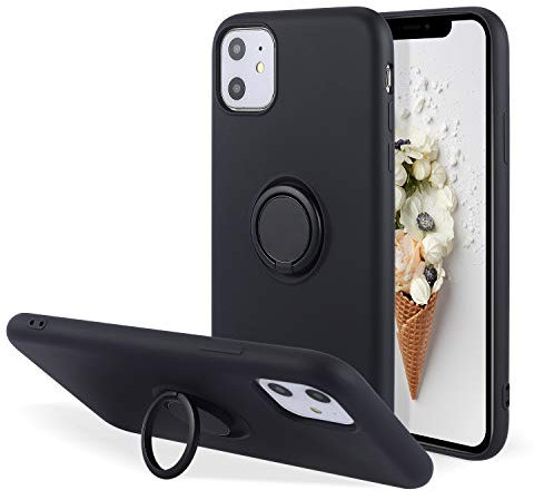 UEEBAI Case for iPhone 11 6.1 inch, Ultra Slim Liquid Silicone Phone Case with 360 Rotatable Ring Holder Kickstand with Magnetic Car Mount Gel Rubber TPU Bumper Shockproof Cover for iPhone 11 - Black