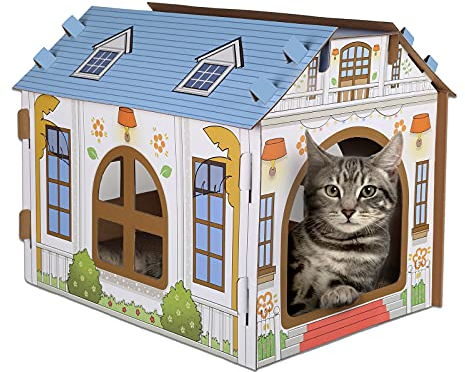 SEKAM Katzenhaus aus Karton mit Kratzer/Katzenminze, 41.8 cm Lx30.5 cm Bx33 cm H), Katzenspielhaus für Katzen, Katzen-Kratzspielzeug, Geburtstag, Versteck für Häschen und kleine Tiere