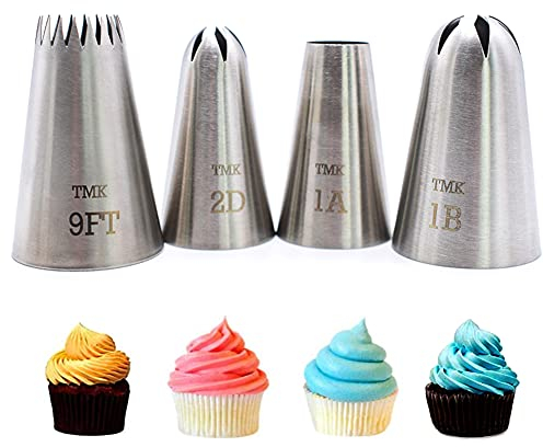 Tumenque Confezione da 4 punte per glassare in acciaio inox senza cuciture, #9FT 1B 2D 1A, grande ugello per tubazioni a stella, per decorare torte