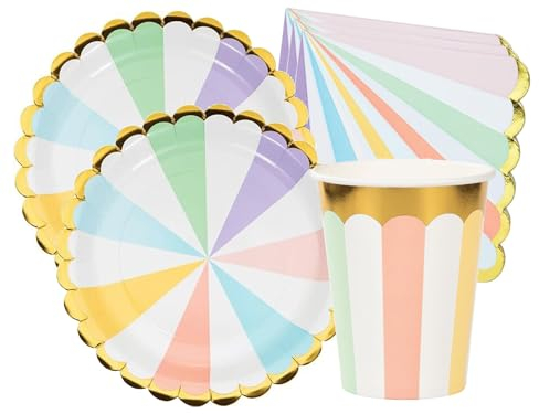 Isola Party Kit de fête d'anniversaire multicolore aux couleurs pastel unies pour 16 personnes (16 assiettes en carton ⌀ 23 cm, 16 gobelets en papier 266 ml, 32 serviettes en papier 33x33 cm)