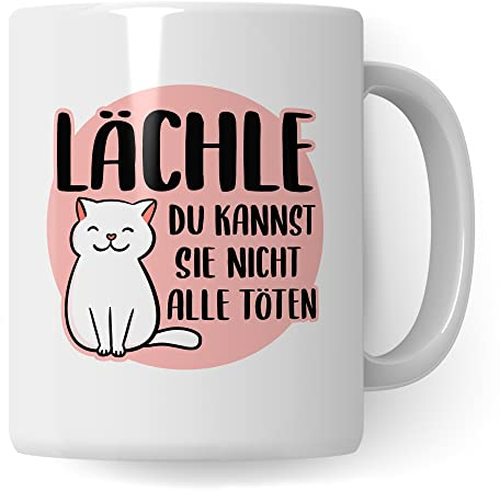 Tasse lustig mit Spruch Lächle du kannst sie nicht alle töten - Kaffee Katzen Lieblingstasse mit Katzenmotiv - Geschenk für Arbeit Büro Katze Kollegin Frauen Freundin Kaffee-Becher