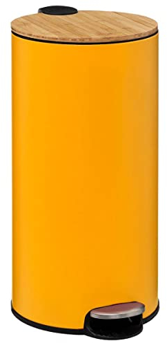 Five - Poubelle 30 Litres en Métal Jaune moutarde et Couvercle en Bambou