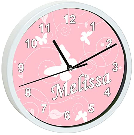 CreaDesign, Wanduhr Kinder personalisiert mit Name, Motiv Schmetterling rosa, Rahmen Wanduhr weiß, Ø 19,5 cm