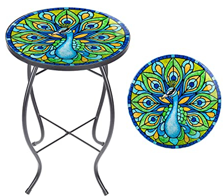 MUMTOP Beistelltisch für den Außenbereich, kleiner Mosaik-Terrassentisch, 35,6 cm, runder Couchtisch, Glas-Pflanzenständer für Garten, Terrasse, Wohnzimmer (Pfau)