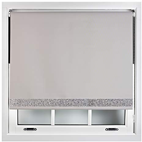 FURNISHED Blackout Roller Blinds With Glitter Edge - Trimmable Thermal UV Protection Fabric Easy Fit Sparkle Glitter Blind for Windows, Grey 45W x 165H cm