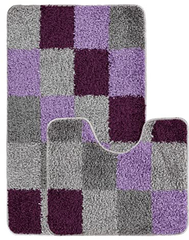emmahome Luxurious Soft Shaggy Bath Mats Non-Slip Machine Washable 2 Piece Set Toilet Rug, Onato (Small - 50x80cm, Fume/Lilack/Plum/Grey)