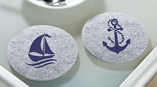 Seaside No.64 - Getränkeuntersetzer - Glasuntersetzer - Aufdruck - Tischdekoration aus Filz - Anker - Schiff - Durchmesser 10cm - hellgrau -rund (6er Set Anker)