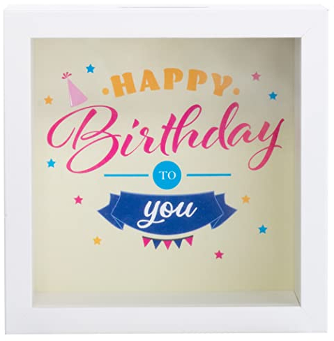 Brandsseller Spardose Bilderrahmen aus Holz mit Glas 14,5x14,5x6,5 cm – Sparrahmen mit Sichtfenster & Einwurfschlitz – Deko-Spardose für Geldgeschenke & besondere Sparziele - Happy Birthday to You