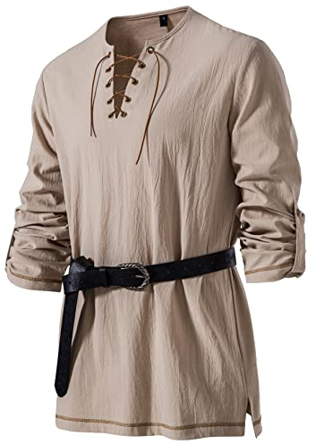 LucMatton Men's Retro Lace up Medieval Tunic Shirts for Halloween Cosplay Viking Pirate Vampire Renaissance Gothic Victorian Costume Khaki XX-Large