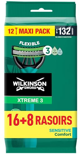 Rasoir jetable pour hommes Wilkinson Sword Xtreme 3 Sensitive, idéal pour les trousses de toilette des hommes, parfait pour le rasage quotidien, lot de 24