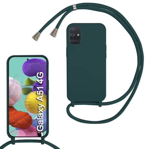 MBSLFY Silikon Handykette für Samsung Galaxy A51 4G Hülle mit Band,Silikon Necklace Handyhülle mit Abnehmbar Kordel zum Umhängen Stossfest Bumper Handy Schutzhülle für Samsung A51 4G, Dunkel grün