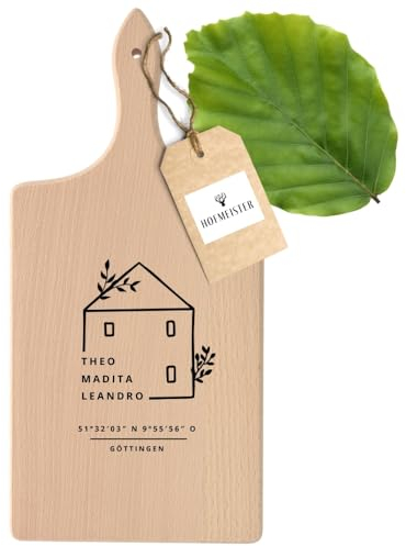 HOFMEISTER® Schneidebrett eckig personalisierte Gravur - Namen und Koordinaten - Brotzeitbrett mit Griff - Geschenk zum Einzug, Umzug oder Hausbau, 38 cm