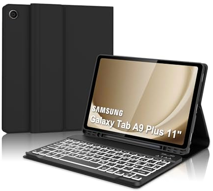 Tastatur für Samsung Galaxy Tab A9 Plus 11, Hülle mit Tastatur für Samsung Tab a9+ 2023, Bluetooth 7-Farbige Beleuchtung Magnetisch Abnehmbarer QWERTZ Layout Keyboard Galaxy Tab A9 Plus, Schwarz