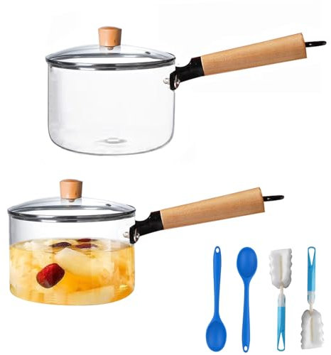 Inevoc 2 pack Glass Pot for Stove Top,60Oz/1.8L Clear Glass Pot Set for Cooking,Saucepan with Cover,Heat-resistant Simmer Pot for Pasta,Soup,Milk,Cookware with Lid and Long Handle