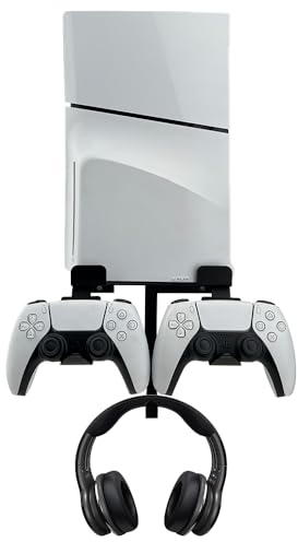 Chanvoo Wandhalterung für PS5 Slim Konsole, Aluminium PS5 Slim Disc/Digital Konsole Wandregal Halterung mit Controller & Kopfhörerhalter – Schwarz (nicht für normale PS5)