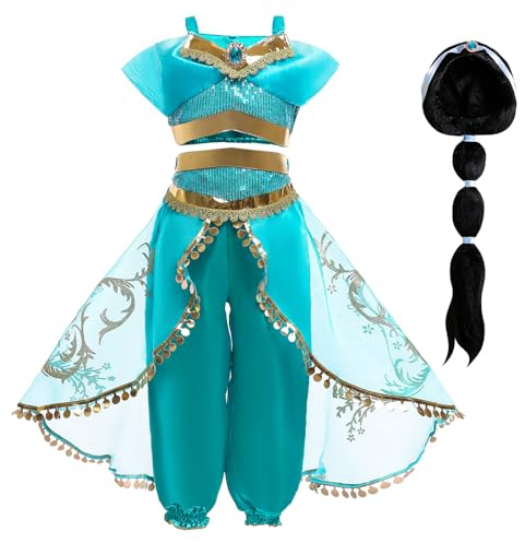 Emin Mädchen Jasmin Prinzessin Kostüm mit Perücke Aladdin Prinzessin Verkleidung Kinder Prinzessin Kleid Weihnachten Geburtstag Party Halloween Karneval Cosplay Verkleiden