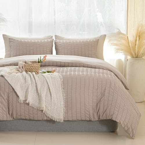 Tokokimo Seersucker Housse de Couette 240x220 cm, en Microfibre Douce avec Fermeture Éclair, 1 Parure de Lit 220x240cm + 2 Taies d'oreiller 65x65cm, Kaki