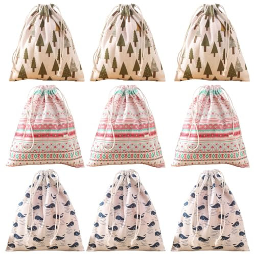 LEEQ 9pcs Sacs en Coton - Petits Sacs en Tissu, Naturel Sac en Toile, Sacs en Tissu de Coton Sacs en Jute, Petits Sacs Cadeaux Sacs en Tissu avec Cordon Coulissant pour Cadeau Bijoux(22 * 20cm)