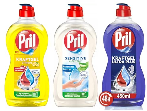 PRIL-Set Kraftgel 1x Ultra Plus & 1x Zitrone & 1x Sensitive Aloe Vera, Handgeschirrspülmittel-Set mit höchster Fettlösekraft, für sauberes Geschirr auch in kaltem Wasser, 3x 450ml