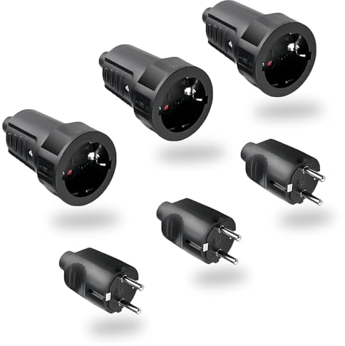 RYAN 3 Pares Enchufe Macho Hembra Clavija Enchufes Acoplamiento 250V 6A IP44 Kit de Enchufe Macho Enchufe Hembra Schuko para Cable facilitar el cableado 2 Pin Adaptador Conectores (Negro)