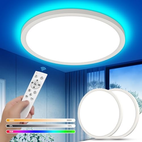 YiLaie 2 Stück LED Deckenleuchte Dimmbar mit Fernbedienung 24W RGB Deckenlampe LED Farbwechsel Flach Rund Deckenbeleuchtung 3000K-6500K IP44 Wasserdicht für Wohnzimmer Schlafzimmer Badezimmer Ø30cm