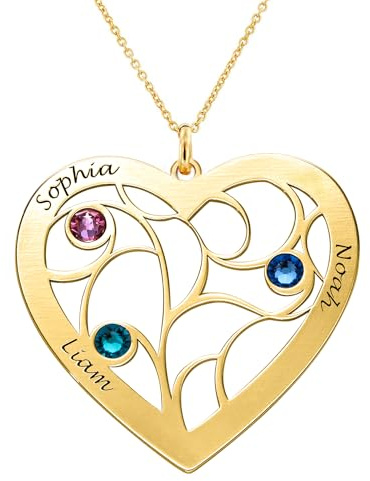 MYKA - Personalisierte Herz-Stammbaum-Halskette mit Diamanten/Geburtssteinen - Individuelles Geschenk für Sie, Frauen - Schmuck zum Muttertag
