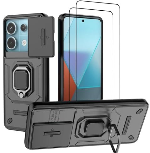 DERHAN Cover per Xiaomi Redmi Note 13 Pro 5G (Non per 4G) / POCO X6 con Vetro Temperato [2 Pezzi], Custodia Antiurto con Protezione Fotocamera e Supporto - Nero