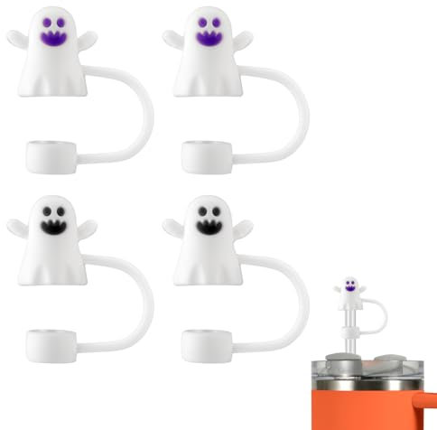 4pcs Ghost Straw Covers, 1.02x1.02in Halloween Ghost Straw Cover Straw Covers Cups Accessories Compatible with Stanley Cup 30&40 oz Glass(White Purple, White Black)