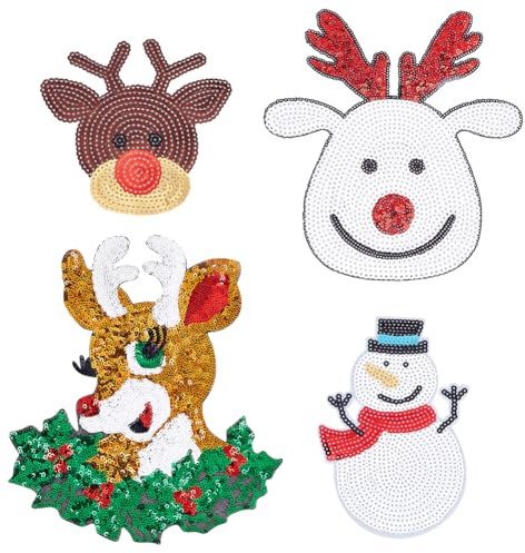 INFUNLY 4 Stück Weihnachtliche Tier Pailletten Aufnäher Bunter Bär Zum Aufbügeln Pailletten Applikation Hirschkopf Stickflicken Abzeichen Stoff Dekorativer Aufnäher Für Kleidung Taschen Jacken Hosen S