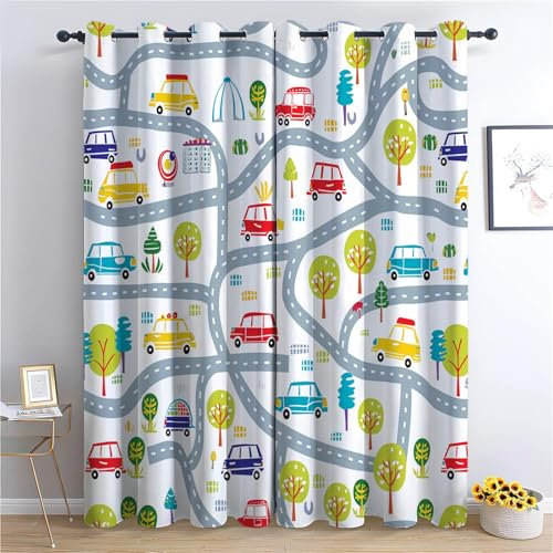 Vorhang Blickdicht Thermovorhang Cartoon-Auto Und Straße Muster Gardinen Wohnzimmer Vorhänge Kinderzimmer Geräuschreduzierung Dekoration für Schlafzimmer Wohnzimmer Küche Fenster 214 x 91.5 cm