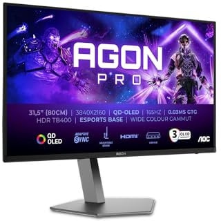 AOC AGON Pro AG326UD- Monitor da gioco OLED UHD da 32 pollici, 165 Hz, 0,03 ms, HDR400, FreeSync Prem. Pro, G-Sync comp. 3840x2160, 2x HDMI 2.1, 1x DP 1.4, Hub USB nero grigio, QD-OLED