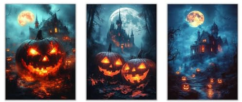 JOSUE 3 Teilig Orange, Blau Halloween Bilder Leinwand Modern, Niedlicher Kürbis Bild Wandbilder Wohnzimmer Schlafzimmer Wanddeko-30x45cmx3 Ungerahmt