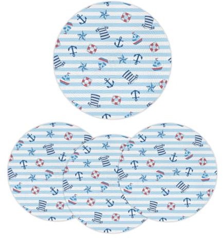 Platzsets mit Anker, Segelboot-Muster, rund, geflochten, waschbar, 32 cm, rund, gewebt, hitzebeständig, runde Platzsets für Küche, Esstisch, 4 Stück