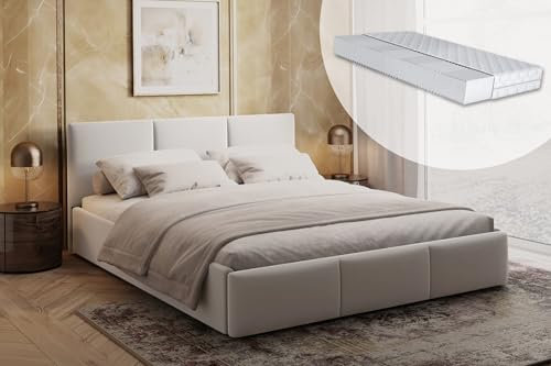 Home Collective Polsterbett Doppelbett 140x200 und 160x200 cm Samt beige mit Matratze | mit Lattenrost aus Metall und Stauraum mit hydraulischem Bettkasten | 140x200 cm