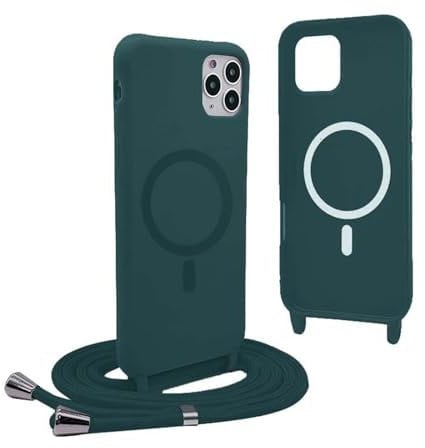 Magnetic Cover for iPhone 13 Pro Max with Lanyard, Compatible with MagSafe, Silicone Case with Adjustable Neck Strap Nylon Chain Necklace – Green