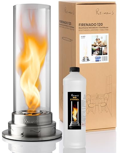 ReimerS Firenado 120 – Premium Tischkamin aus Edelstahl & Glas – Elegante VortexFlame™ Flammenregulierung für Innen & Außen