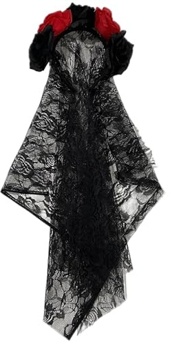 WANYI Schwarzer Schleier Halloween Schleier mit Haarreif Brautschleier Spitzenschleier Künstliche Blumen Haarbänder Kopfschmuck für Halloween Kostüm, Bühnenaufführungen(Rot schwarz)