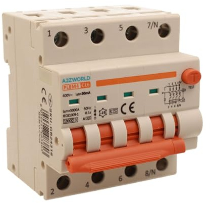 Interruttore Differenziale Magnetotermico Trifase 380V Tipo A 16A C16, 4P Reale (NO 3P+N), Curva C 6kA 30mA, Doppio Leva con Diagnostica Visiva, 4 Moduli DIN, Serie PL8M4