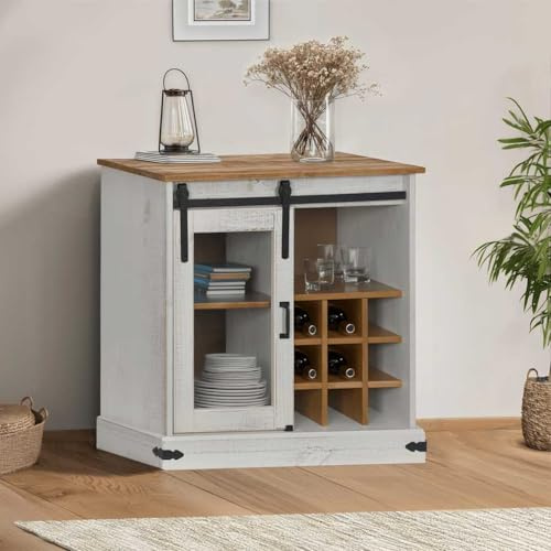 IBUQDDV Halden - Buffet avec porte coulissante - Blanc - 80 x 40 x 80 cm - En bois de pin massif - Armoire de rangement - Portes coulissantes - Étagères - Porte-bouteilles de vin - Espace de rangement