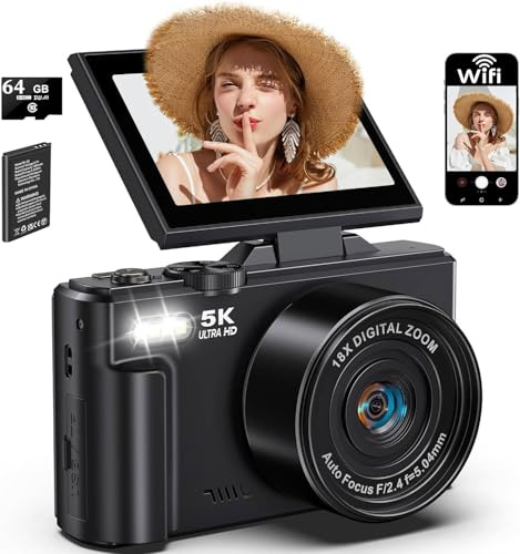 LONGYI Digital Camera 5K 75MP Compact Cameras for Photography Vlogging with WIFI, 64GB Card, 18X Digital Zoom, 3.0 LCD 180° Flip Selfie Screen Photo Camera for Travel Youtube Beginners As Gift Black